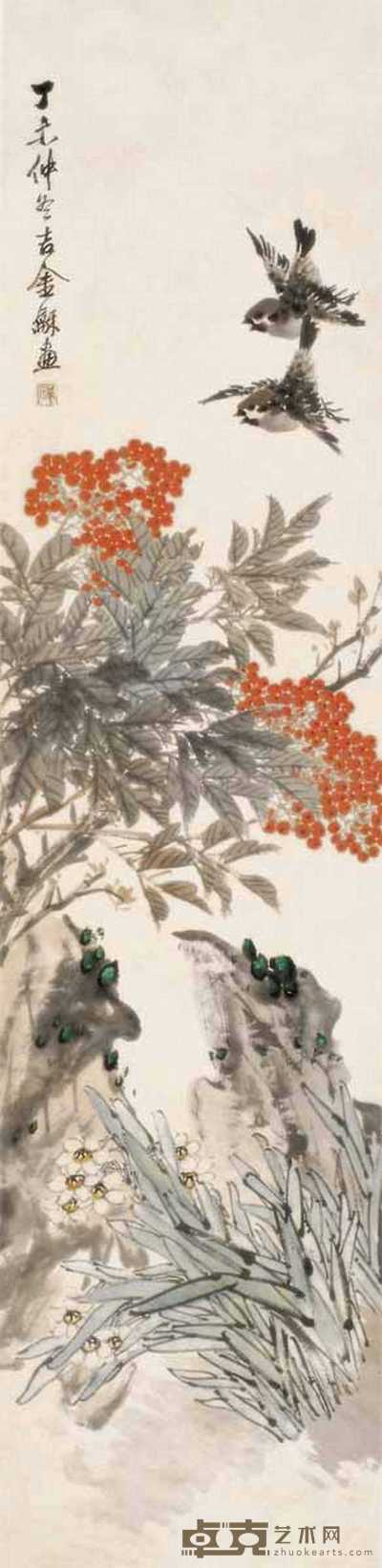 金梦石 1907年作 花鸟 立轴 131×32cm